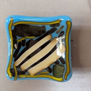 Hand Crafted Blue Cream Striped Glass Trinket Dish Tea Light Holder.